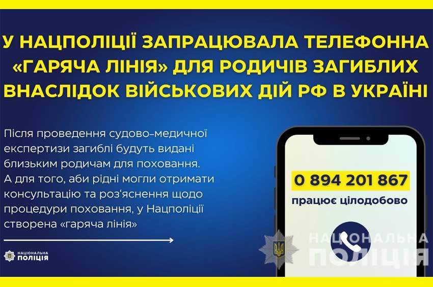 У Нацполіції запрацювала телефонна «гаряча лінія» для родичів загиблих внаслідок військових дій рф в Україні